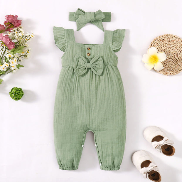 2PCS Lovely Solid Color Baby Sleeveless Jumpsuit