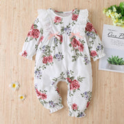 Cute Full Floral Printed Lace Long Sleeve Baby Girl Jumpsuit