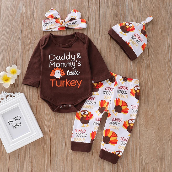 4PCS Daddy And Mommy's Little Turkey Printed Baby Set