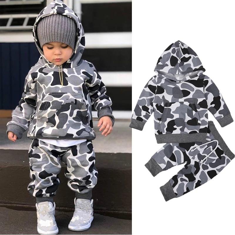2-piece Toddler Boy Letter Print Camouflage Hoodie and Elasticized Pants Set