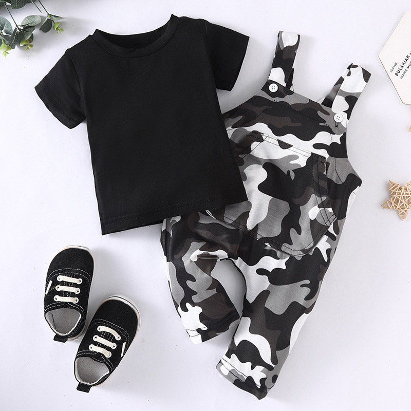 2pcs Baby Boy Grey Short-sleeve T-shirt and Camouflage Trousers Set