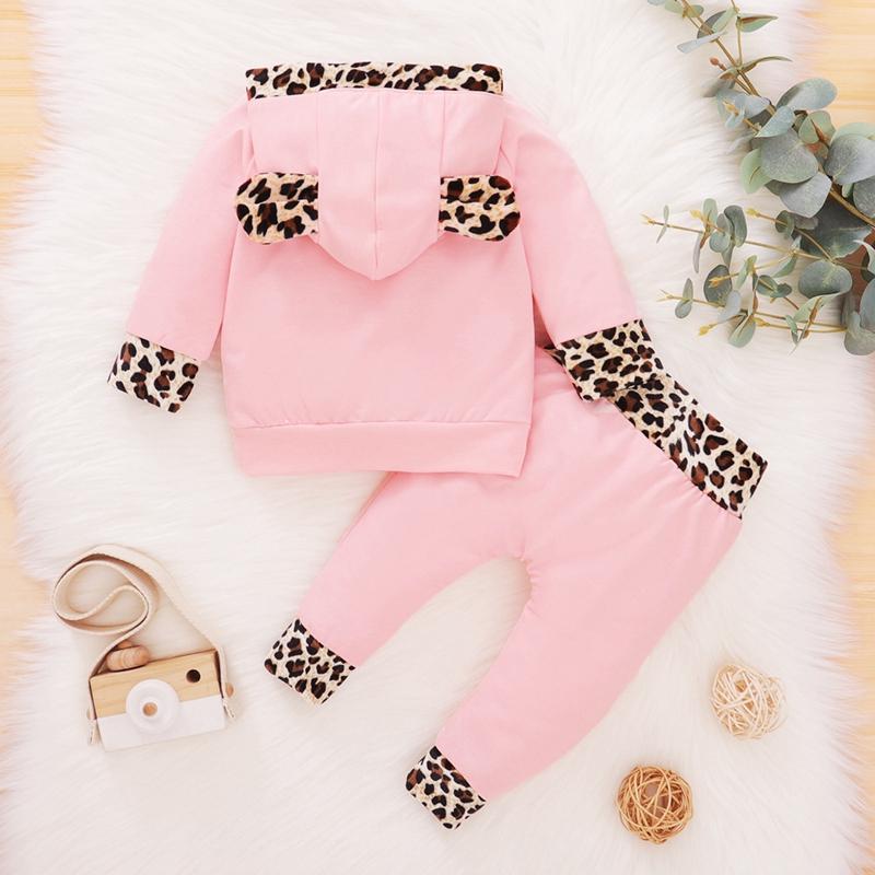 2PCS Baby Girl Soild Leopard Printed Long Sleeve Hoodie With Pants Bab