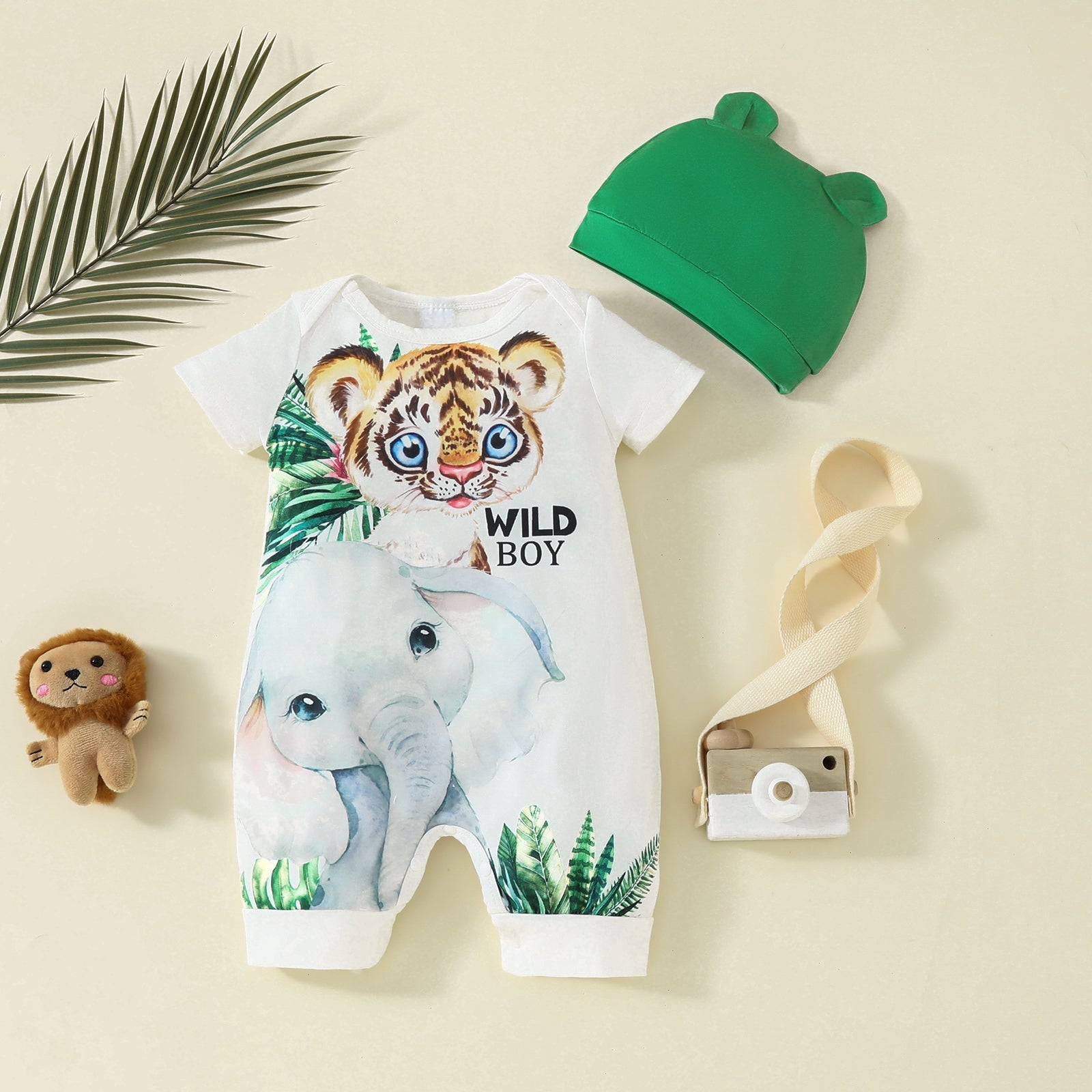 2PCS Cute Animal Printed Elephant and Tiger Baby Jumpsuit