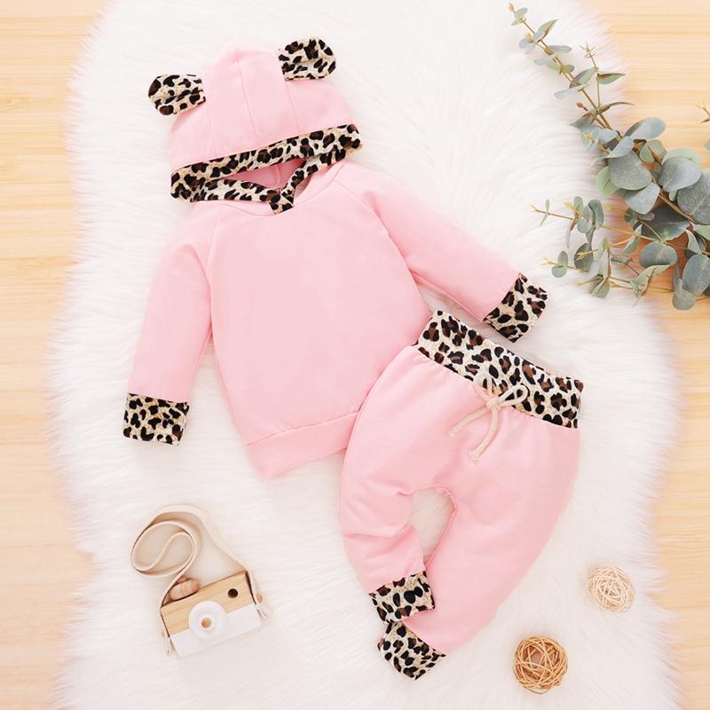 Conjunto de ropa de bebé con capucha de manga larga con estampado de leopardo sólido para niña de 2 piezas