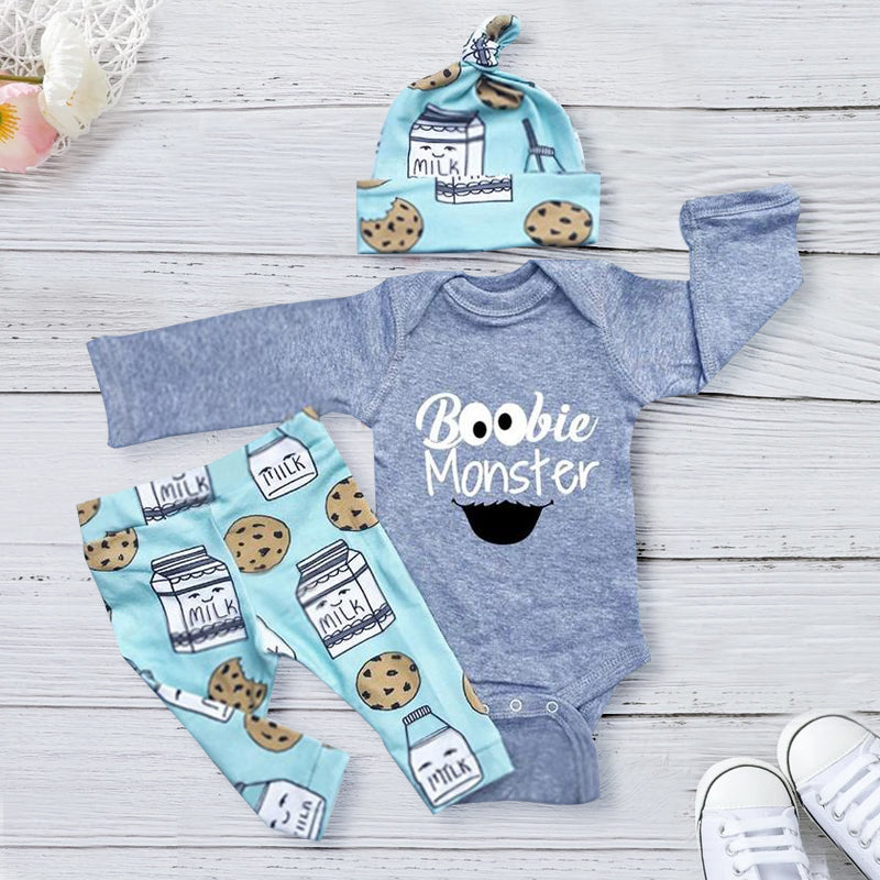 3PCS Boobie Monster Letter Printed Romper With Milk Printed Pants Baby Set