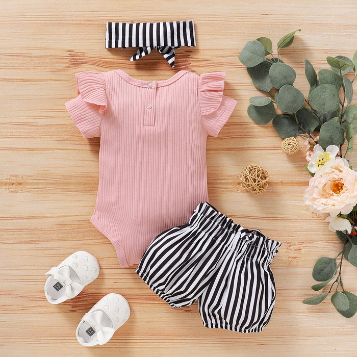 Cute Ruffled Striped Belted Baby Set