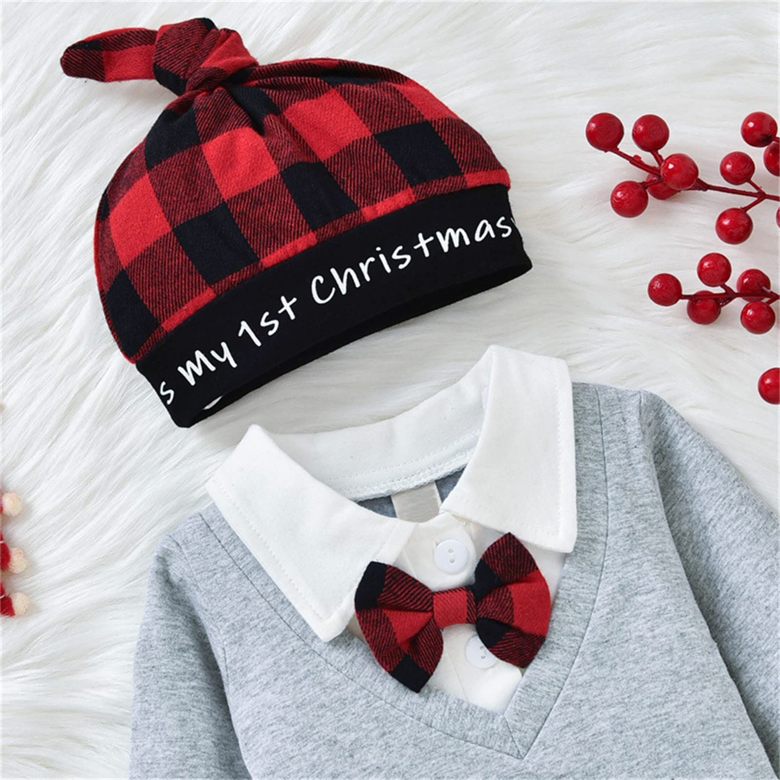 3PCS My First Christmas Letter Plaid Printed Baby Set