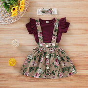 3PCS Short Sleeve Bodysuit with Floral Skirt Baby Set