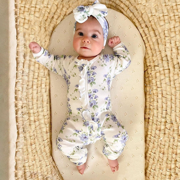 2PCS Floral Printed Ruffle Decor Zipper Baby Jumpsuit