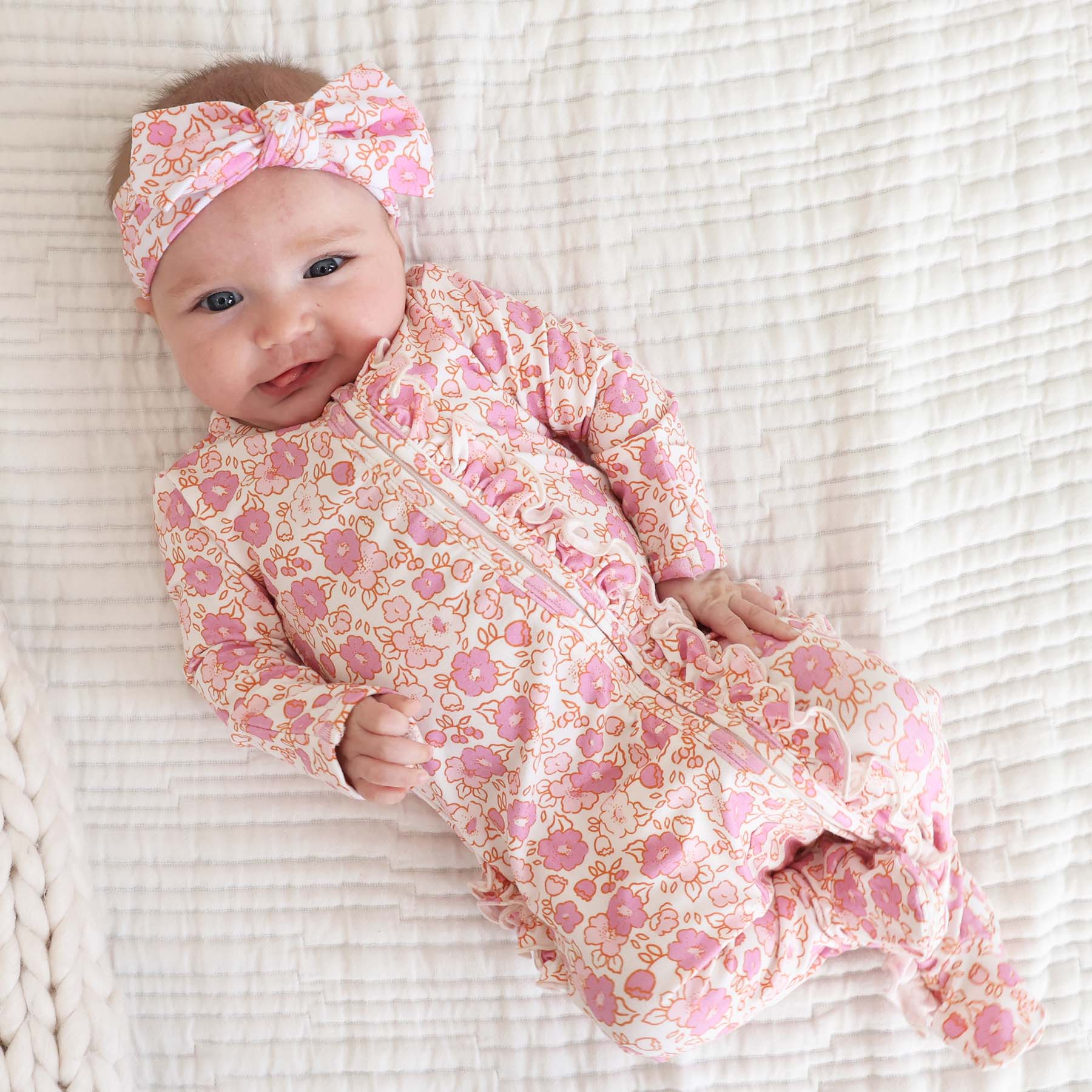 100% Cotton Baby Girl Pink Splicing Floral Print Thickened Long-sleeve Hooded Zip Jumpsuit