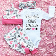 4Pcs Newborn Baby Girl DADDY'S OTHER CHICK Print Romper Outfit Pants Set +Hat+Headband