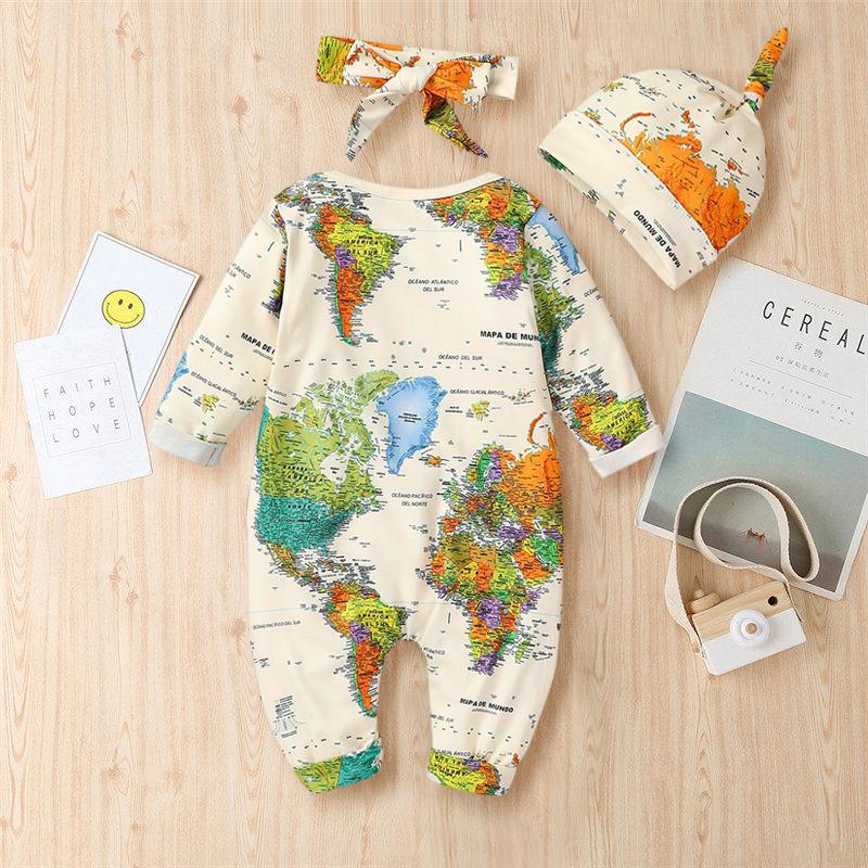 Mono de bebé de manga larga con estampado de mapa lindo de 3 piezas