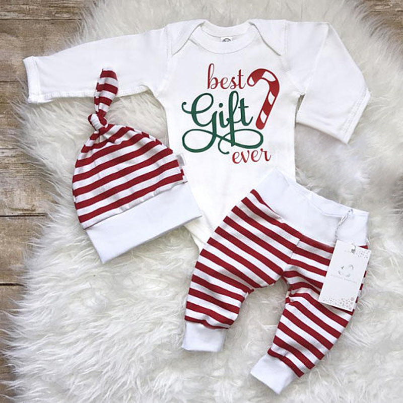 Conjunto de bebé con estampado de rayas navideñas y letras, el mejor regalo de 3 piezas