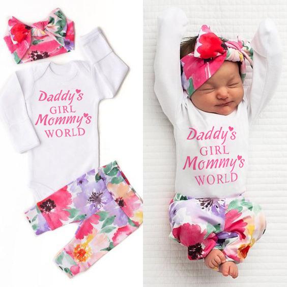 3 pièces bébé fille papa fille maman monde lettre imprimé barboteuse avec pantalon imprimé fleuri complet bébé ensemble