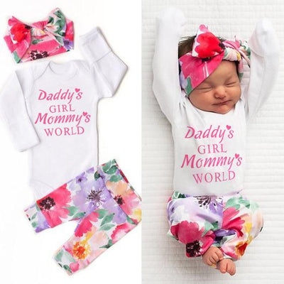 3PCS Baby Girl Daddy's Girl Mommy‘s World Letter Printed Romper with Full Floral Printed Pants Baby Set