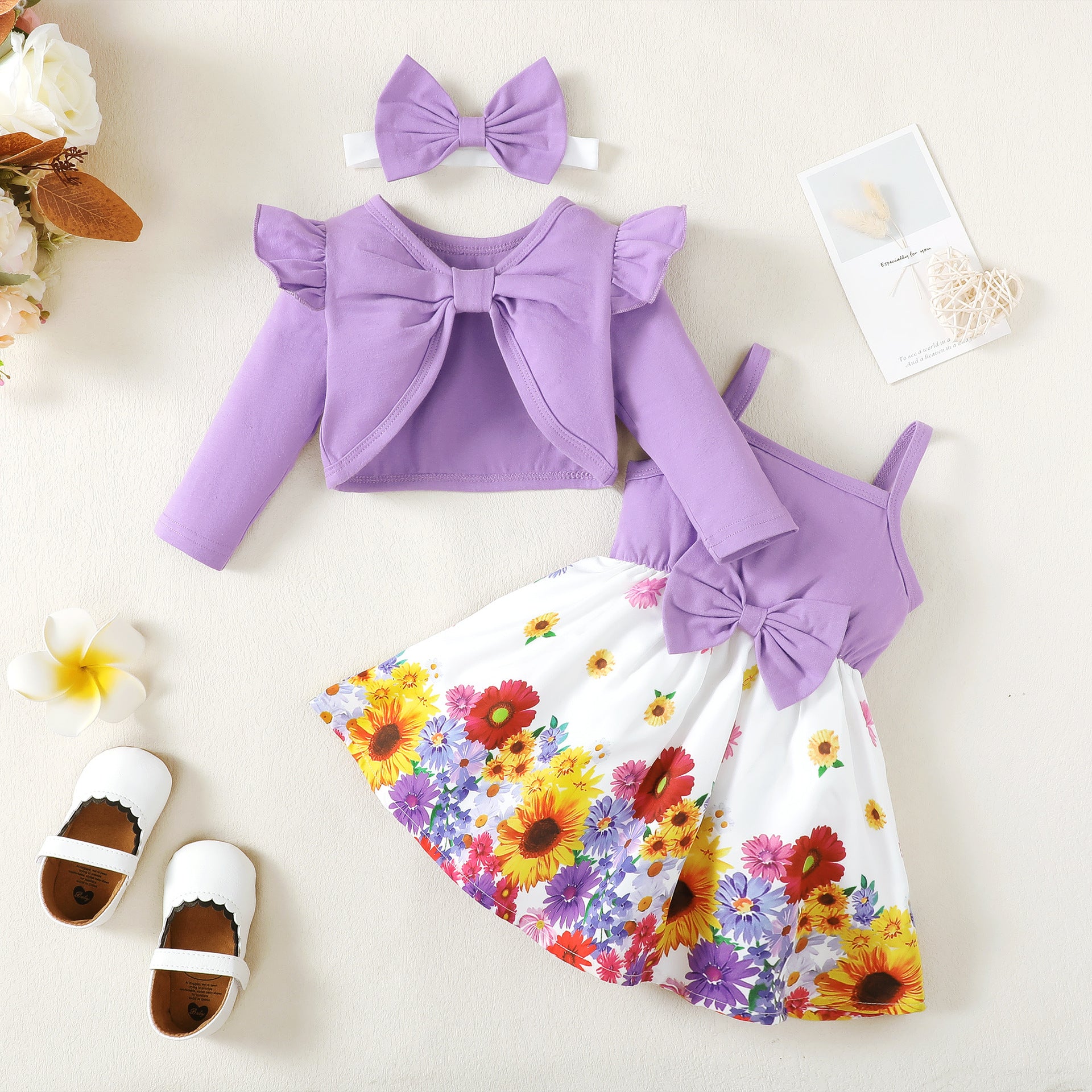 3PCS Lovely Floral Printed Baby Dress Set