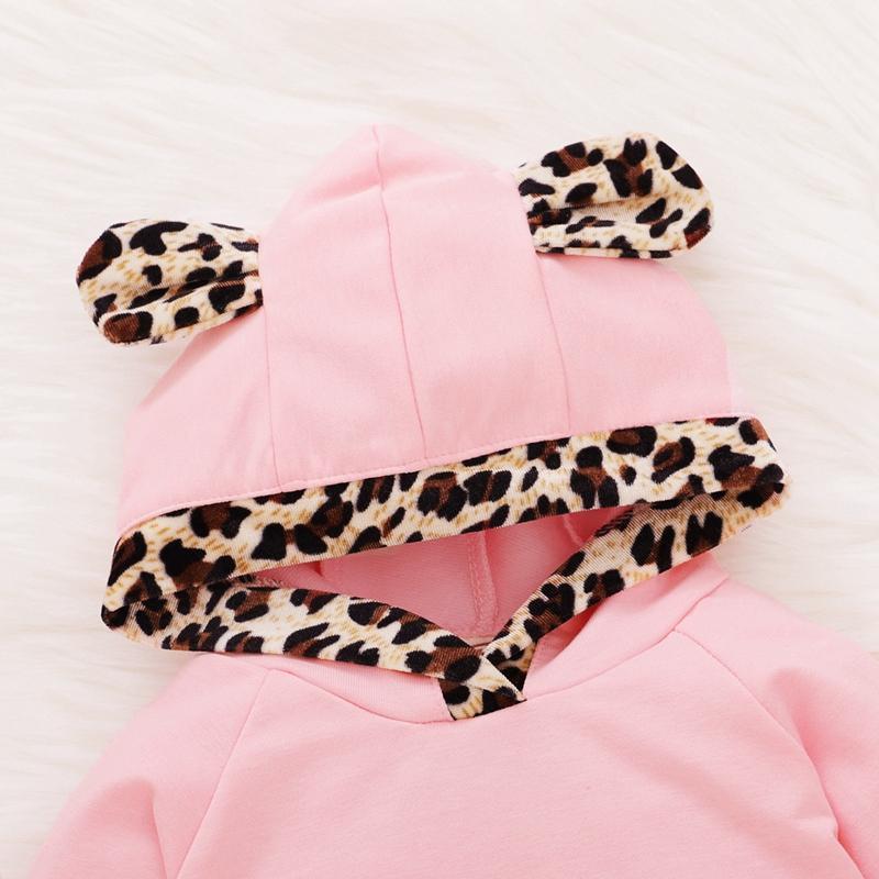 Conjunto de ropa de bebé con capucha de manga larga con estampado de leopardo sólido para niña de 2 piezas