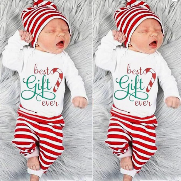 Conjunto de bebé con estampado de rayas navideñas y letras, el mejor regalo de 3 piezas