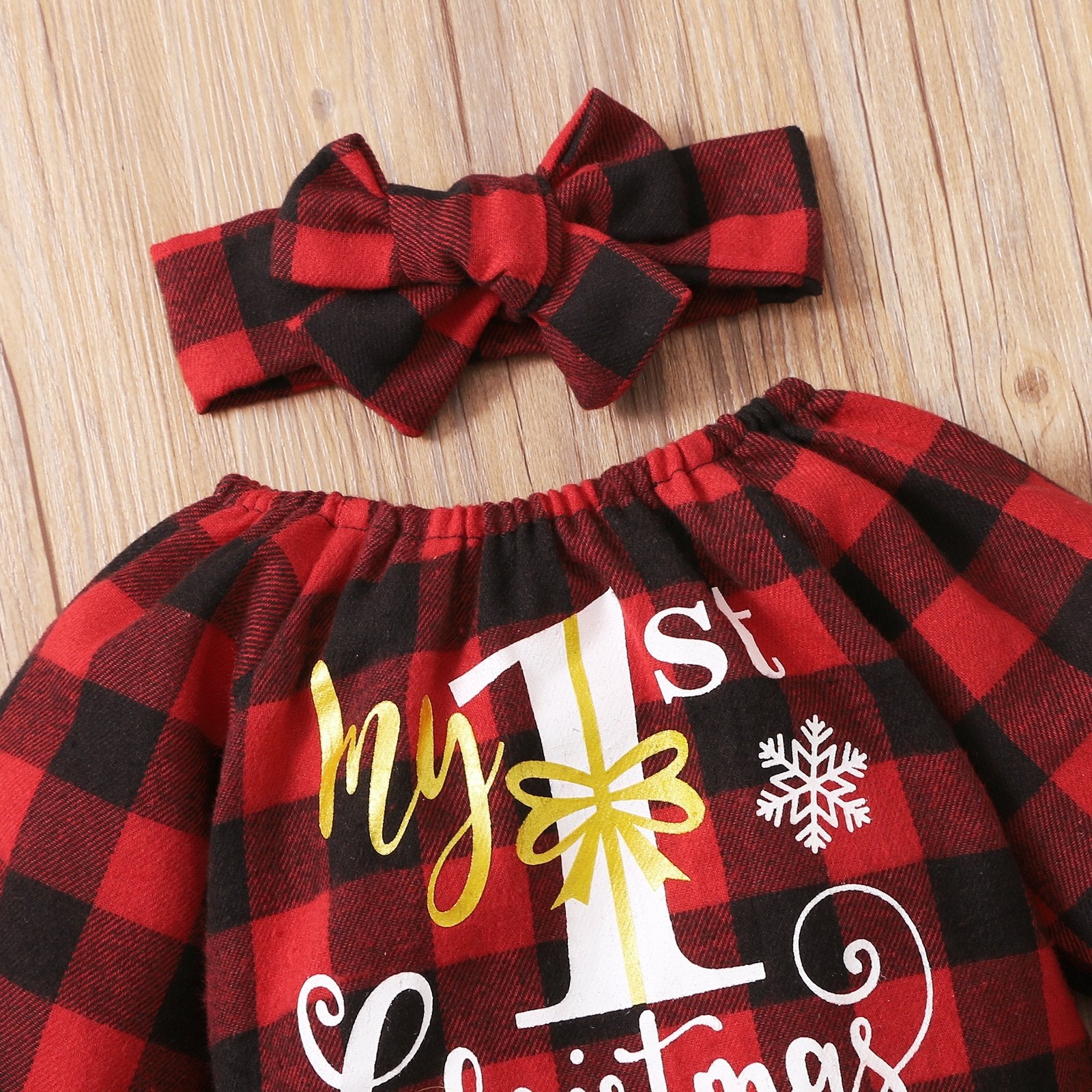 Conjunto de falda de niña con estampado de letras a cuadros navideños de 3 piezas