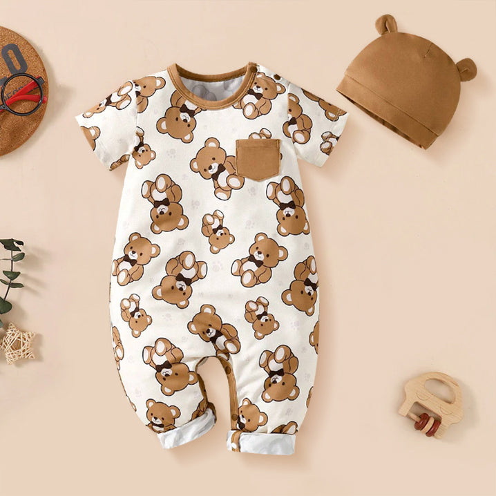 2PCS Cute Baby Boy Bear Printed Jumpsuit with Hat