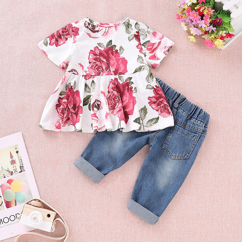 Floral Short Sleeve Top and Jeans Set