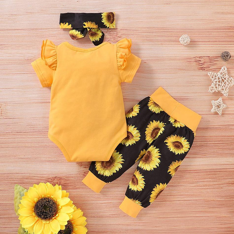 3PCS Sunflower Short Sleeve Letter Printed Bodysuit with Floral Printe