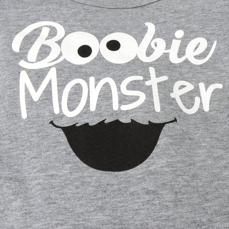 3PCS Boobie Monster Lettre Imprimé Barboteuse Avec Lait Imprimé Pantalon Bébé Ensemble