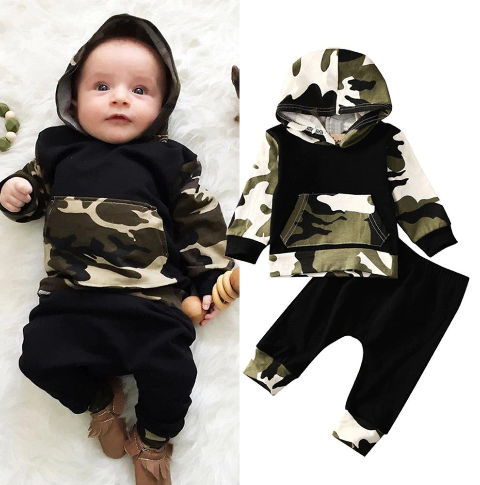 Conjunto de trajes con capucha y pantalones largos de camuflaje para bebés y niños