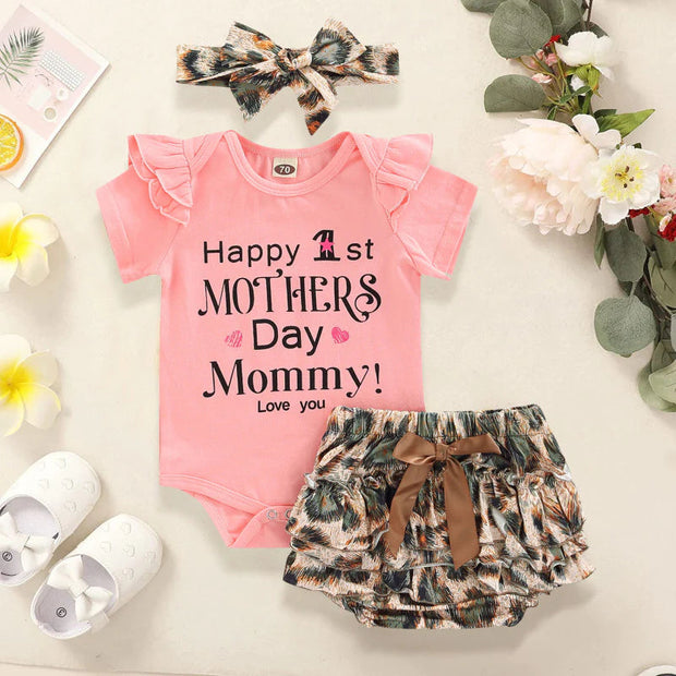 3PCS Happy 1st Mother's Day Letter Leopard Printed Baby Set