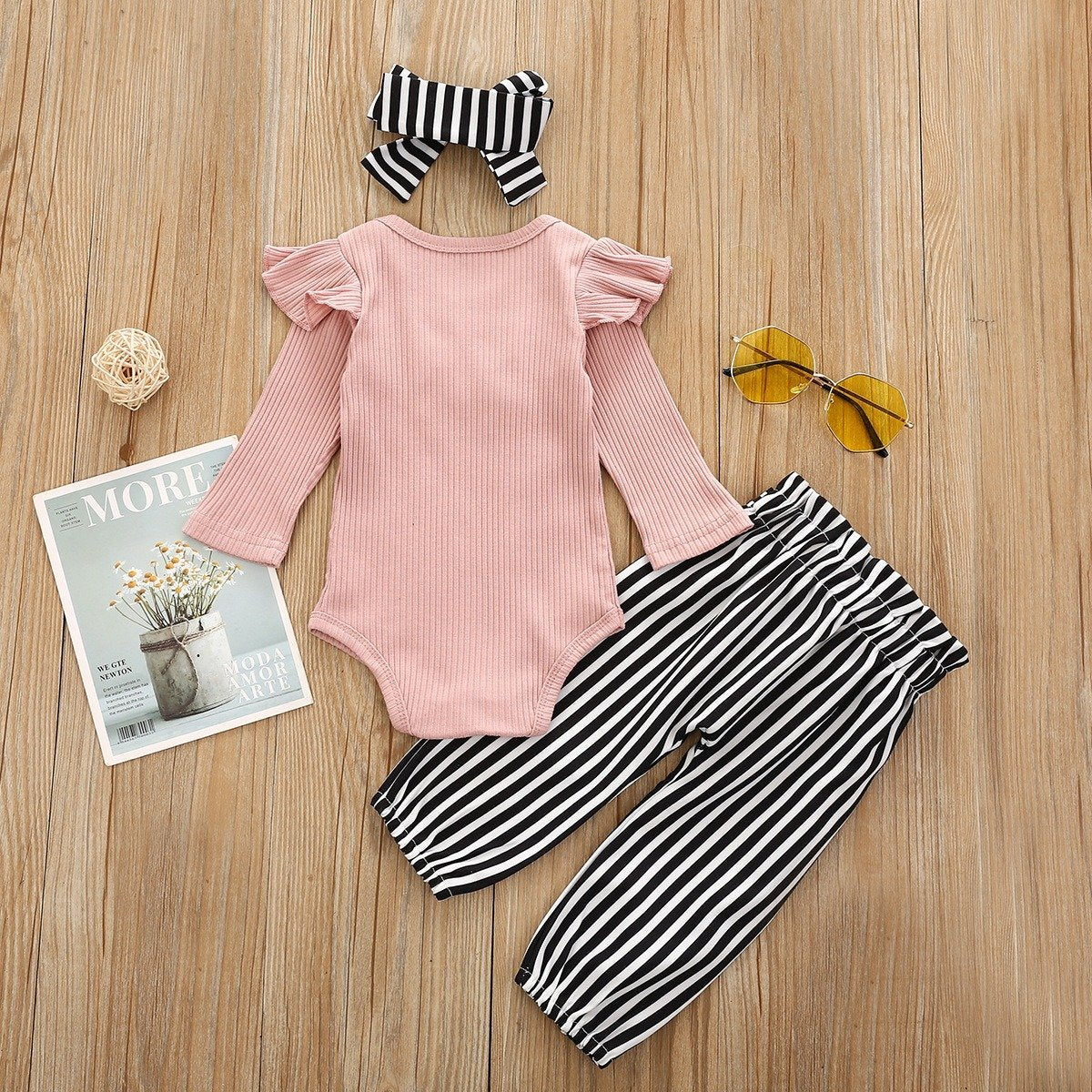 Baby Girl Soild Printed Fly Sleeve Romper With Stripe Pants Baby Set