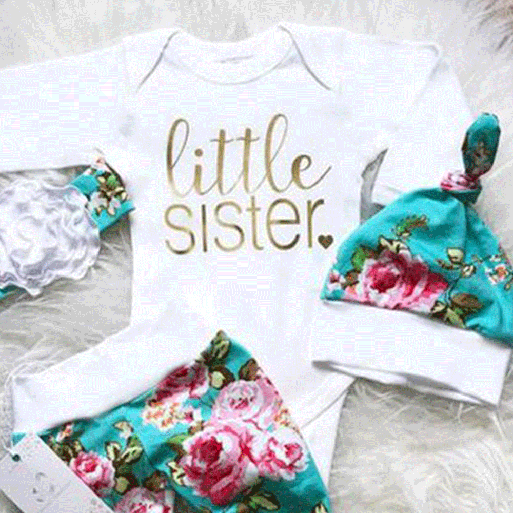 Barboteuse imprimée avec lettres de petite sœur, 4 pièces, pantalon imprimé Floral, chapeau, ensemble pour bébé fille