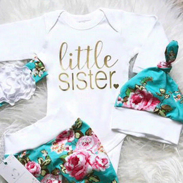 4pcs Little Sister Letter Printed Romper Floral Printed Pants Hat Baby Girl Set
