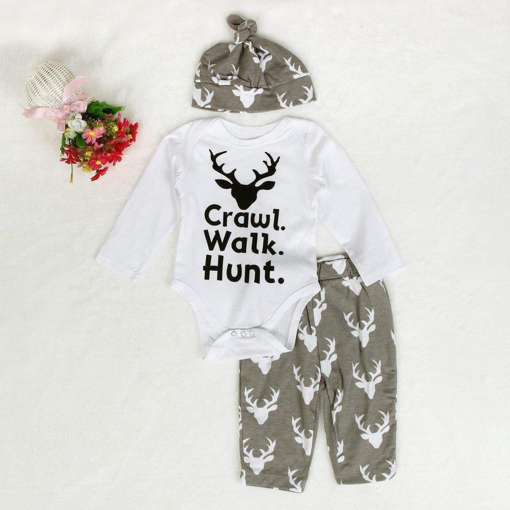 Conjunto de mameluco con pantalones y sombrero con estampado de ciervos para bebés y niñas