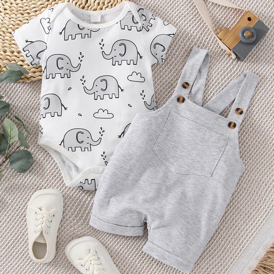 Conjunto de bebé de manga corta con estampado de elefante encantador de 2 piezas