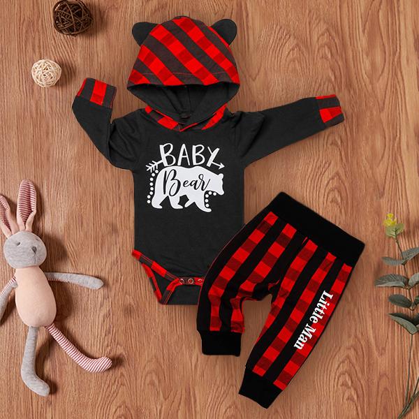 2PCS Baby Bear Letter Printed 3D Ears Hoodie with Lattice Pants Baby Girl Boy Set