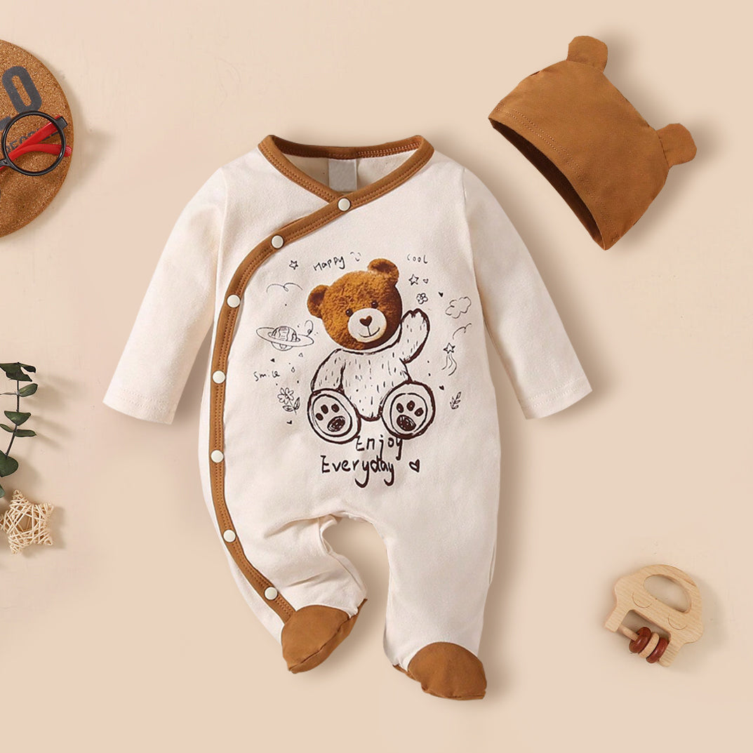 Baby Boy Cartoon Bear Print Apricot/Brown Ribbed Long-sleeve Jumpsuit