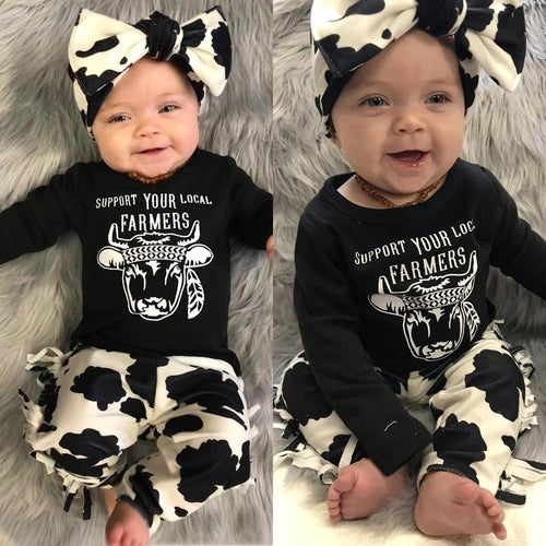 3PCS Baby Girl “SUPPORT YOUR LOCAL FAMERS” Letter Printed Romper With ...