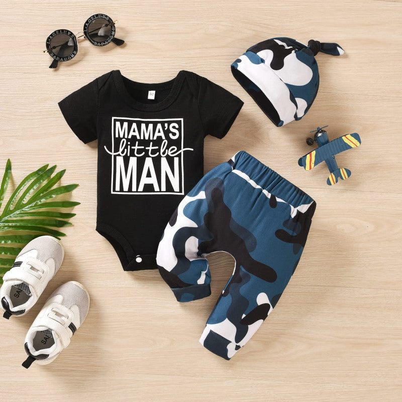 3PCS Mama s Little Man Letter Camouflage Printed Baby Set