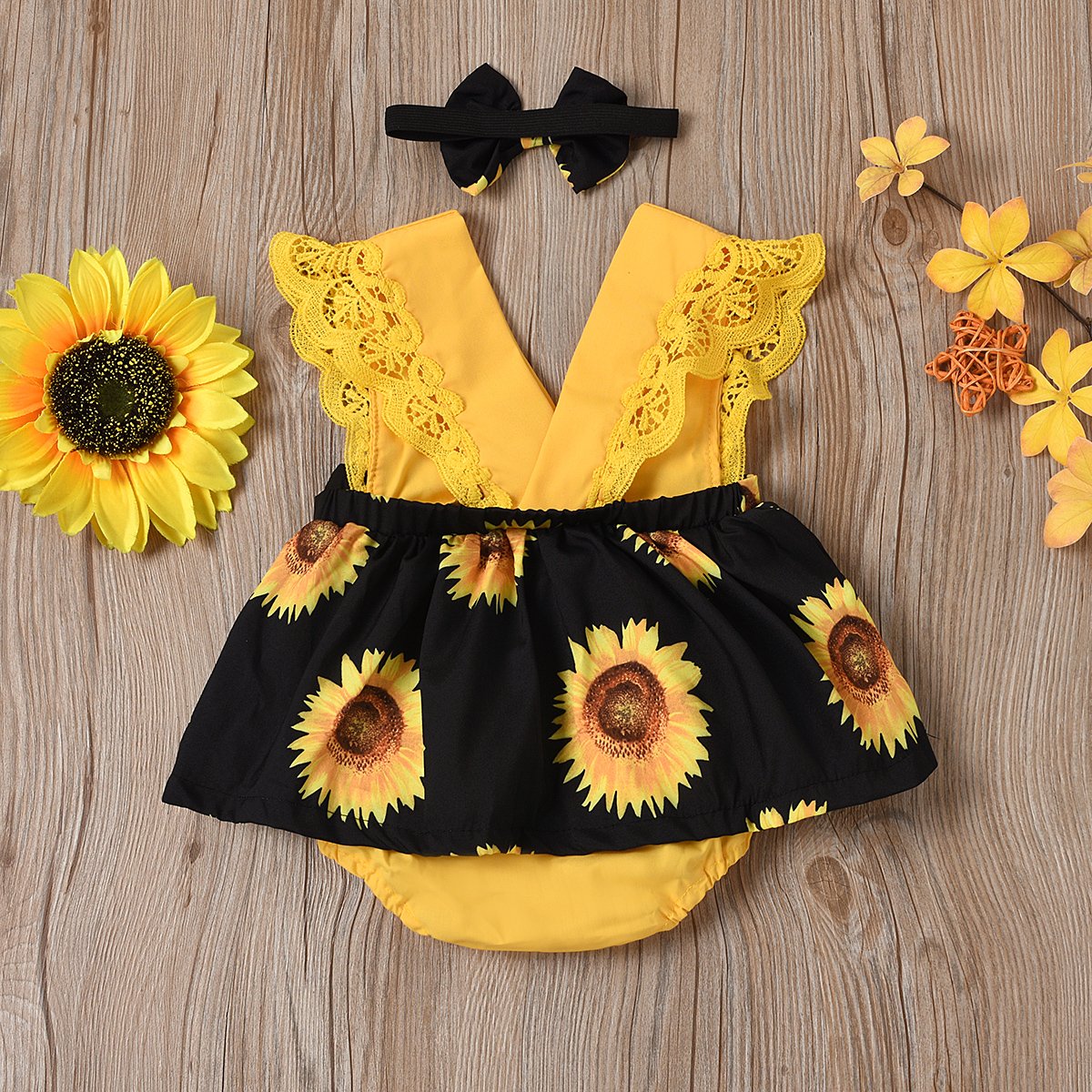 2PCS Lovely Sunflower Printed Sleeveless Baby Girl Yellow Romper