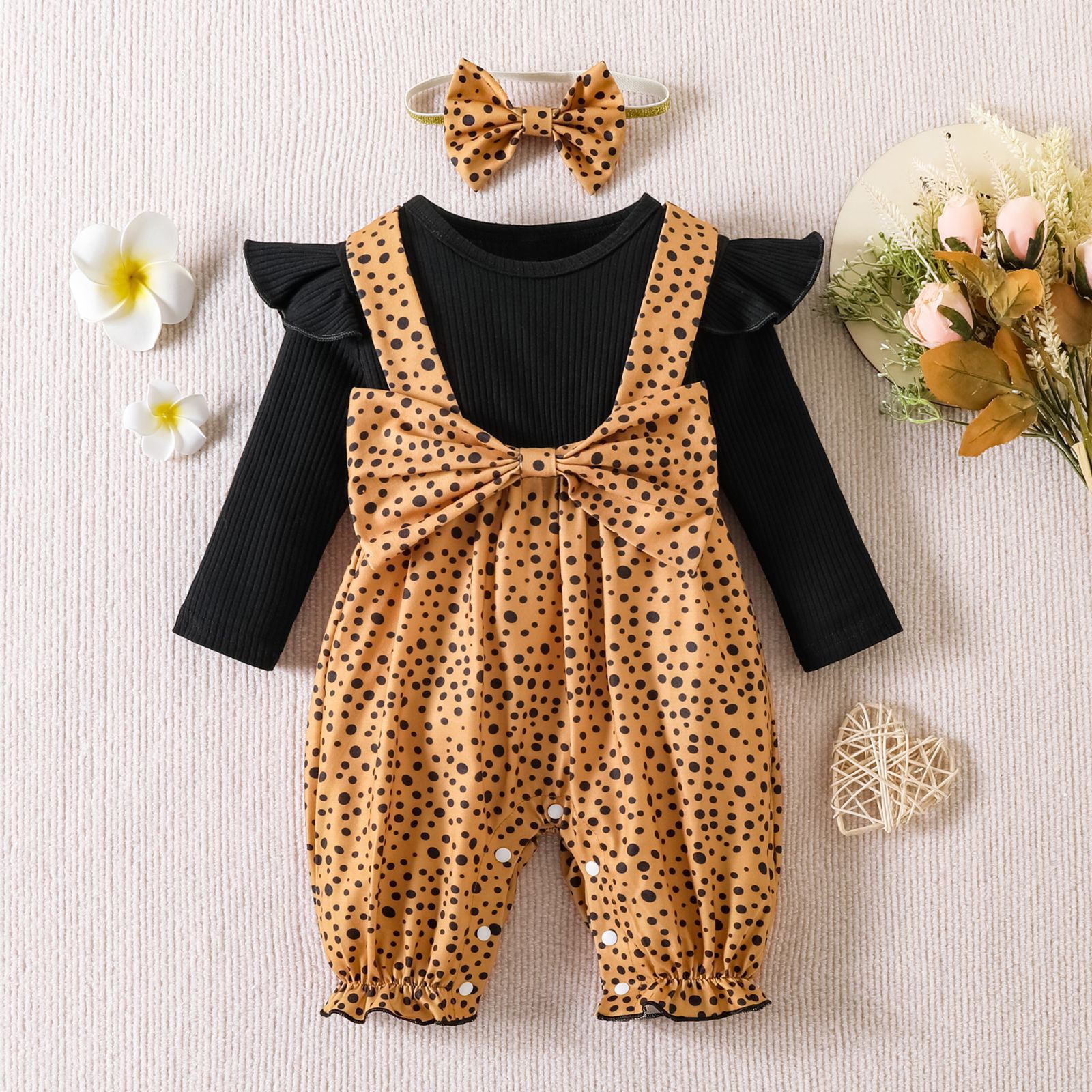 2PCS Lovely Solid Color Dots Printed Baby Jumpsuit
