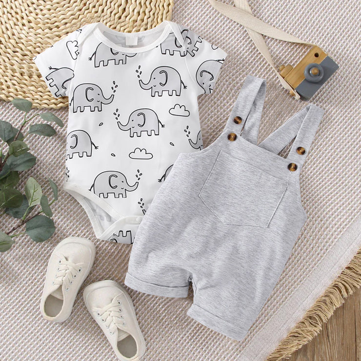 2PCS Lovely Elephant Printed Short Sleeve Baby Set