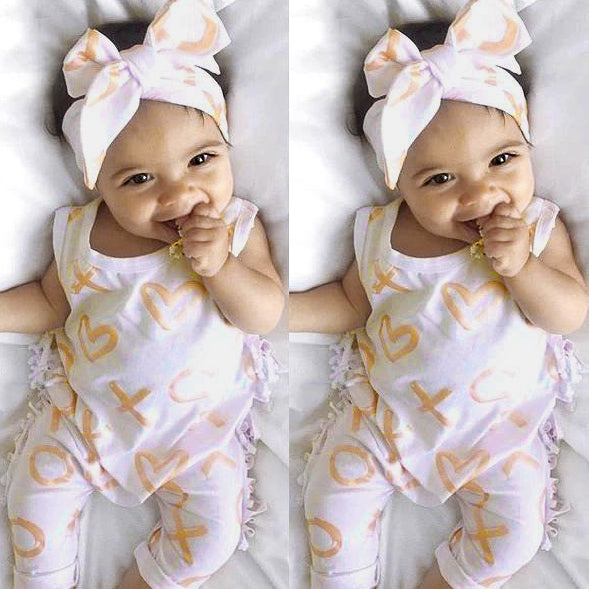 2PCS Lovely Baby Girl OX Printed Bodysuit Romper Jumpsuit with Headband