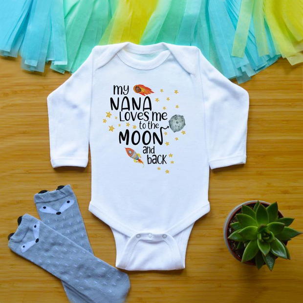 My NANA Loves Me to the MOON and Back Cartoon Rocket Letters Printed Baby Romper