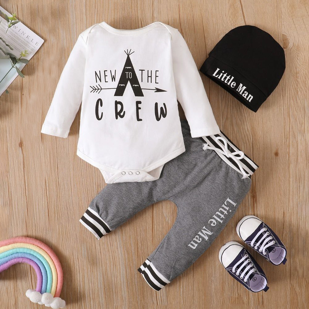 3PCS New To The Crew Letter Printed Baby Boy Set