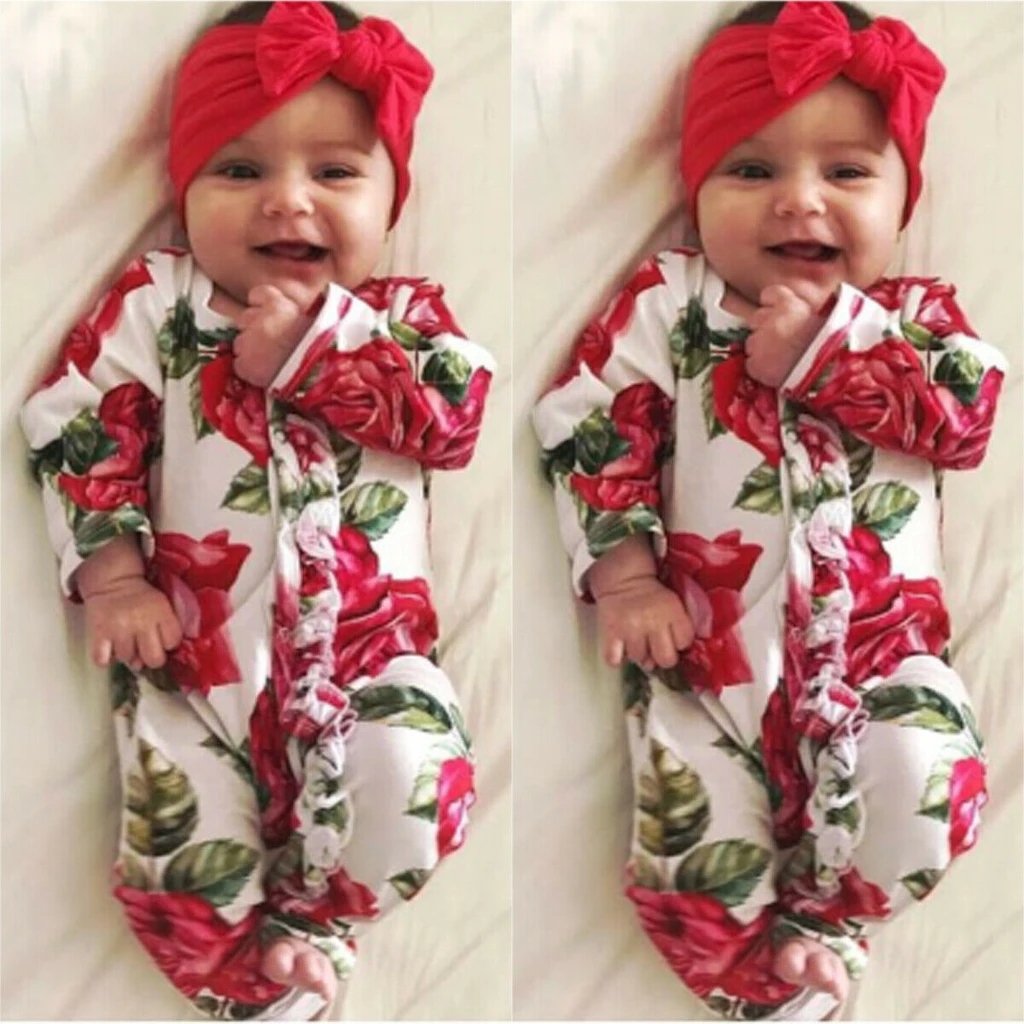 Jolie combinaison pour bébé, 2 pièces, imprimé Floral, manches longues, avec bandeau