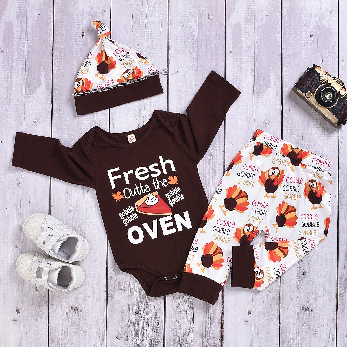 3PCS Fresh Outta The Gobble Oven Turkey Printed Baby Set
