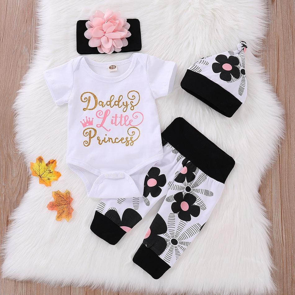 Conjunto de bebé con pantalones con estampado floral y mono con estampado de letras de 4 piezas