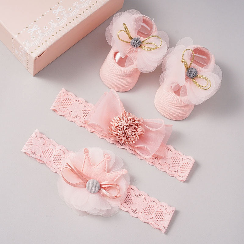Diadema con lazo y corona de encaje preciosa para bebé y calcetines florales