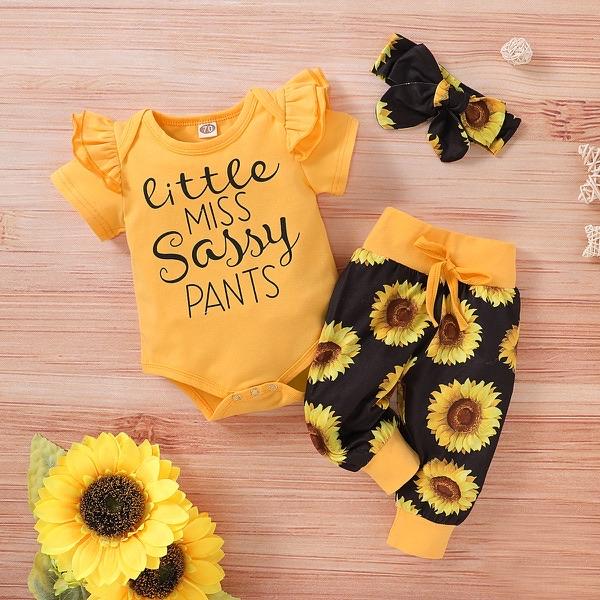 3PCS Sunflower Short Sleeve Letter Printed Bodysuit with Floral Printe