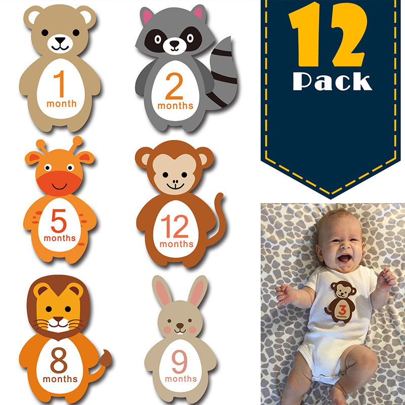 Paquete de 12 pegatinas de hitos mensuales para bebés con diseño de animales reutilizables